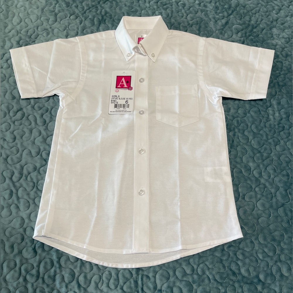 NWT A+ School Apparel Girls Sz 6 Oxford Blouse Shirt SS White Button Down Collar